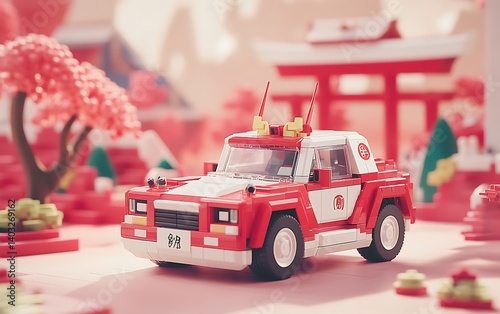 Obraz na płótnie Red toy car with Japan scene. w salonie