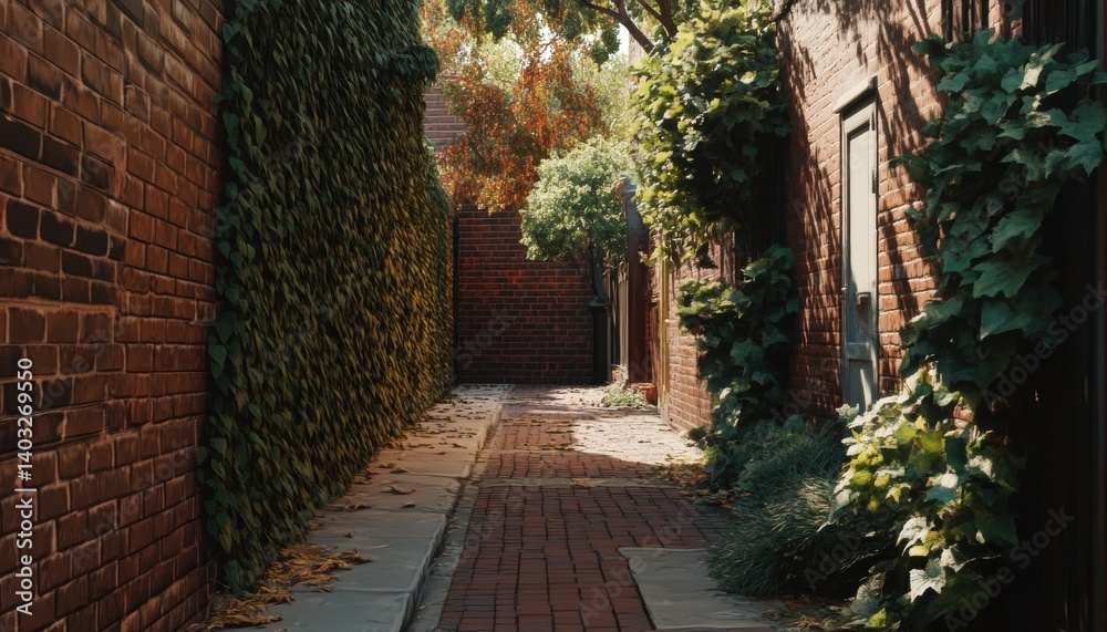 Fototapeta premium A sun-drenched alleyway lined with brick walls and vibrant greenery.