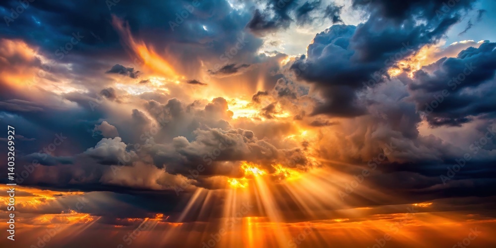 Fototapeta premium Fiery sunbeams piercing through dark storm clouds