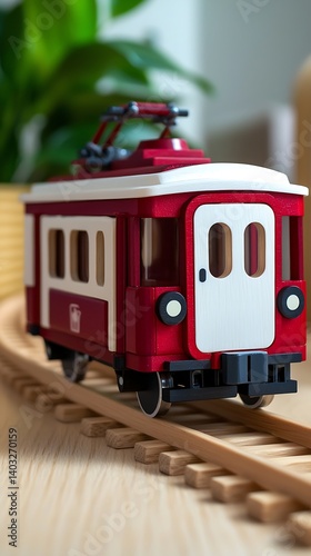 Obraz na płótnie Red Toy Tram on Wooden Tracks. w salonie