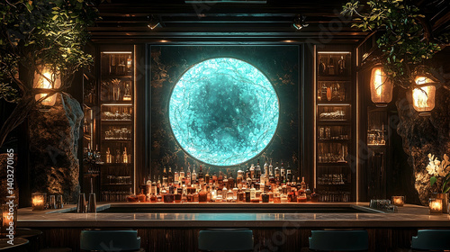 A dimly lit, opulent bar with a mystical, turquoise moon centerpiece.