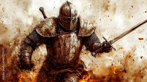 A formidable medieval knight in battle armor, wielding a sword amidst fiery conflict. photo