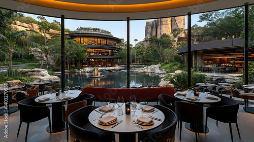 A modern, outdoor dining experience with panoramic views of a tranquil lagoon and surrounding architecture. photo