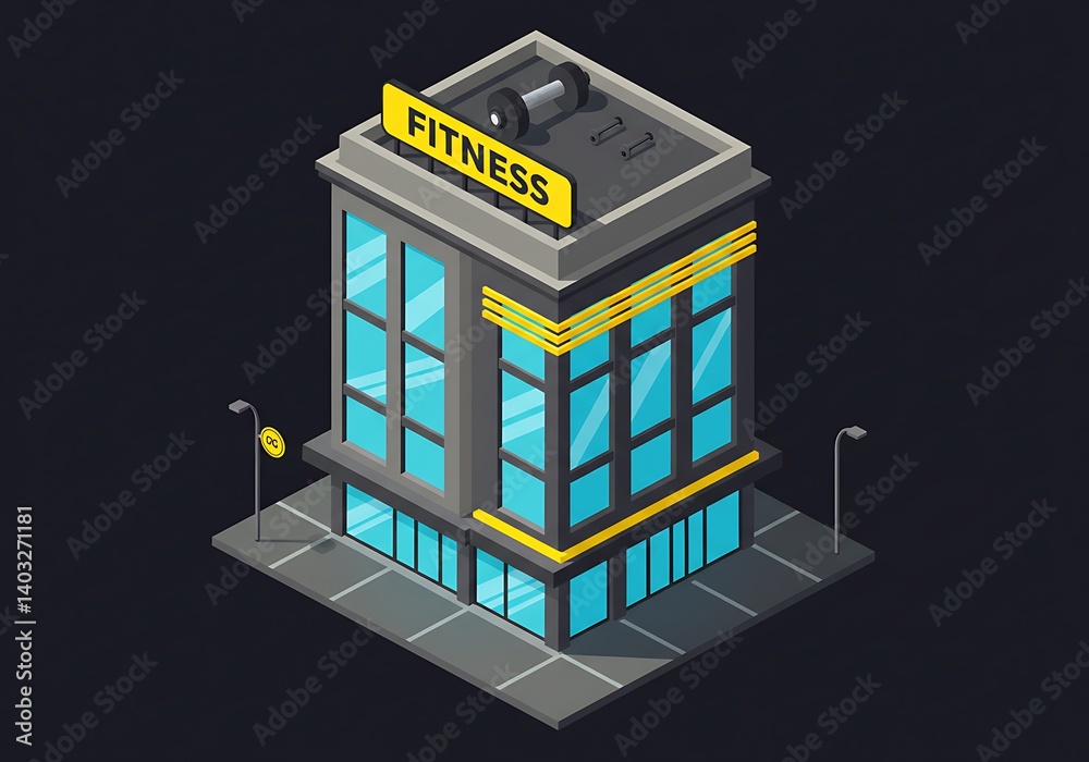 Fitness Center With Blue-Tinted Windows and Dumbbell Rooftop Design