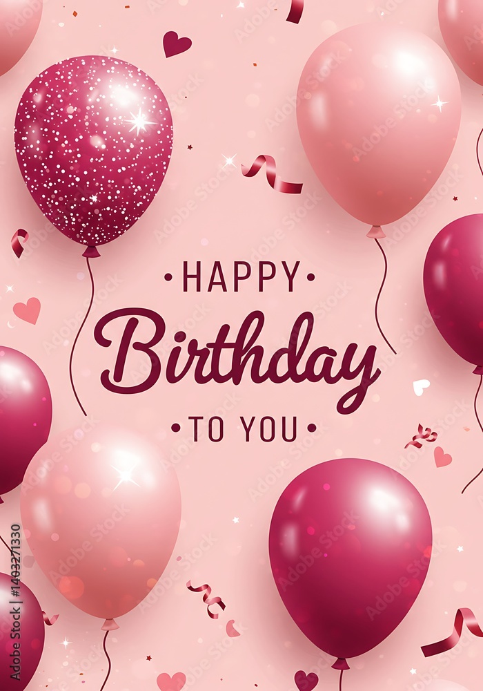 Elegant Pink Birthday Card With Balloons and Glitter