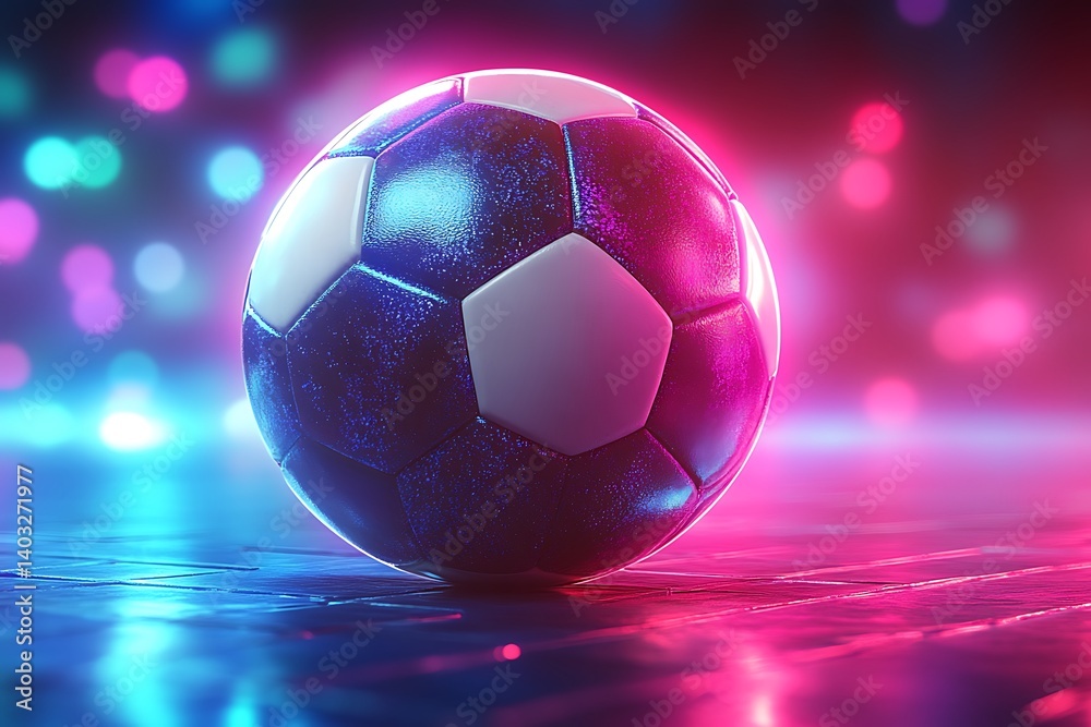 Naklejka premium Football on Neon Surface, Glowing White Hexagons & Blue Seams, Bokeh Background