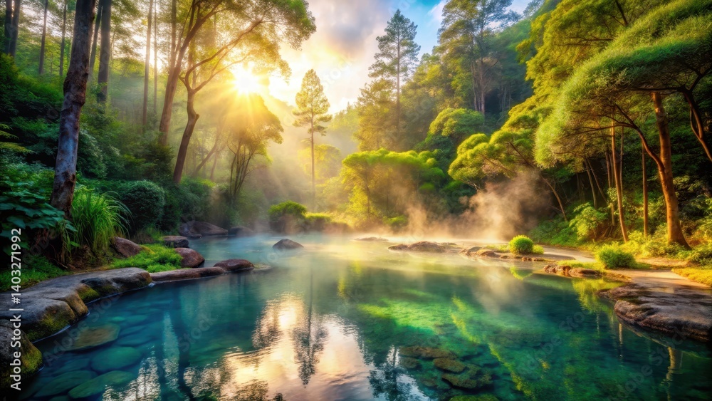 Soaking in the warm waters of a secluded natural hot spring surrounded by towering trees and vibrant greenery amidst a serene national park landscape at dawn, serenity, hot springs Soaking in the warm waters of a secluded natural hot spring surrounded by towering trees and vibrant greenery amidst a serene national park landscape at dawn, serenity, hot springs