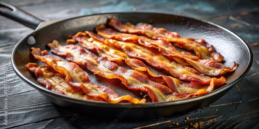 Crispy, golden strips of bacon sizzling in a hot skillet , breakfast, flavorful, breakfast, flavorful, aroma, mouthwatering, food Crispy, golden strips of bacon sizzling in a hot skillet , breakfast, flavorful, breakfast, flavorful, aroma, mouthwatering, food