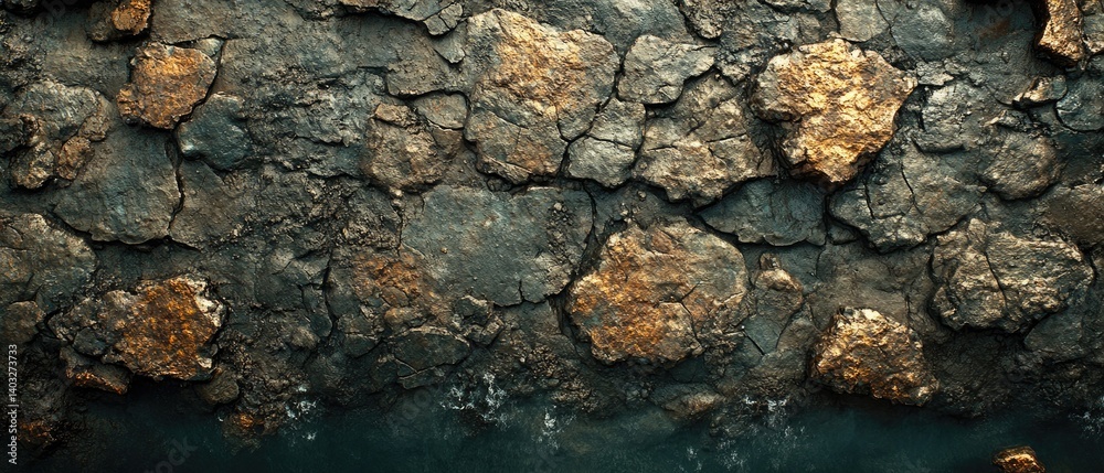 Rocky ground with golden minerals, texture cracks. Close-up of earth surface, detail