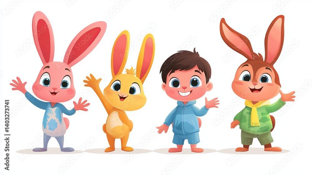 Naklejka premium Cartoon rabbits and boy illustration for kids books and easter designs vector art for children