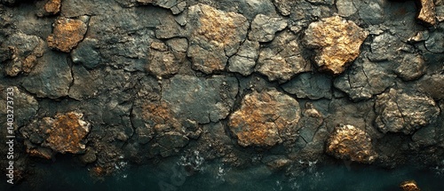 Obraz na płótnie Rocky ground with golden minerals, texture cracks. Close-up of earth surface, detail w salonie