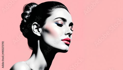 Elegant bride with glossy pink lips in vintage-inspired fashion, beauty