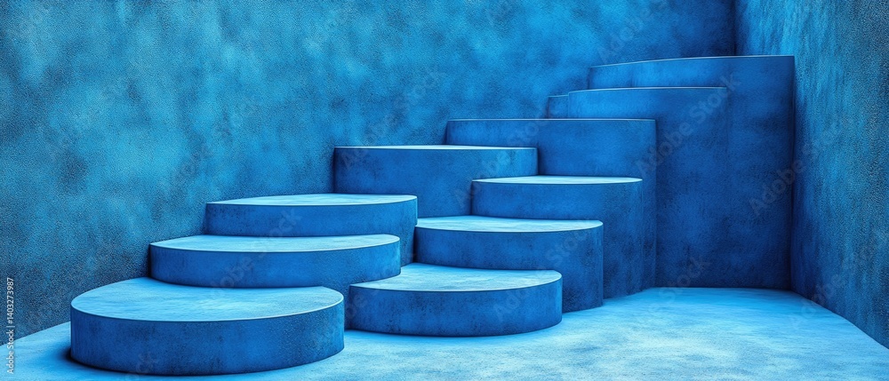 Round steps ascend against a blue, textured wall, creating a minimalist, architectural abstract