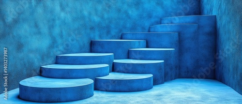 Obraz na płótnie Round steps ascend against a blue, textured wall, creating a minimalist, architectural abstract w salonie