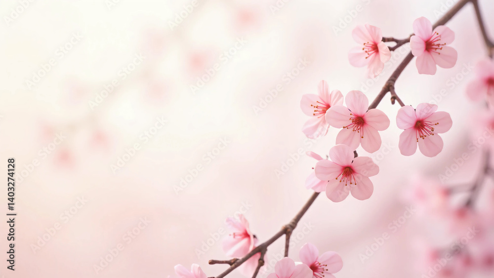 Obraz premium Cherry Blossom Background in Spring Season – Beautiful Pink Sakura Flowers Blooming with Soft Petals, Blue Sky, and Nature Landscape for Tranquil Floral Scenery