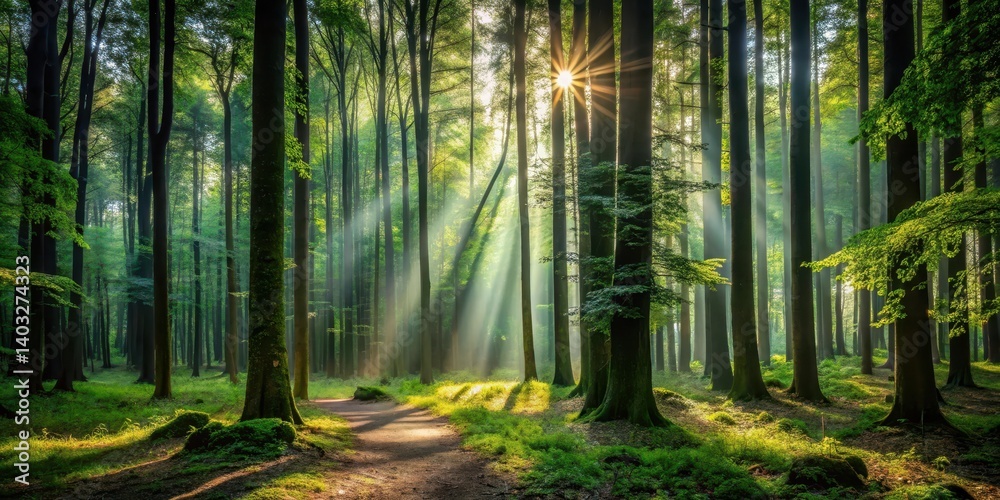 Obraz premium Dark forest with tall trees and underbrush, sunlight filtering through leaves, trees, forest, trees