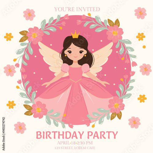 Birthday party invitation for a girl princess fairy doll