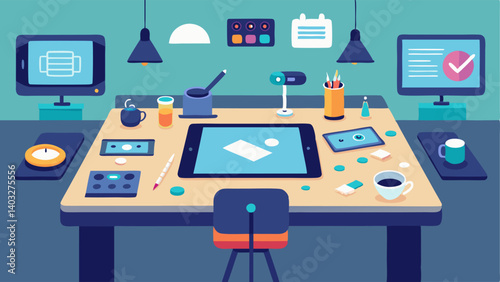 In the center of the workshop there is a large table with a variety of technology such as iPads and digital drawing tablets for visitors to experiment with and incorporate into