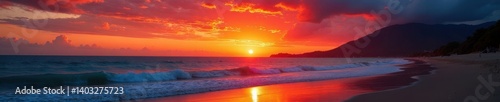 Fiery sunset paints Glenelg's sky, waves gently lap shore , golden hour, clouds