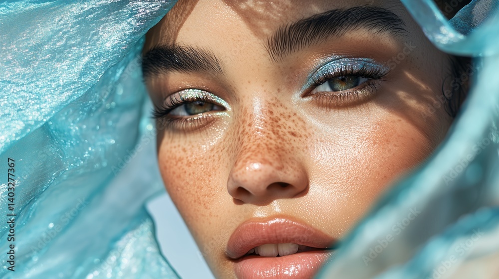 Striking close-up of a model with radiant makeup and vibrant blue fabric against a bright background