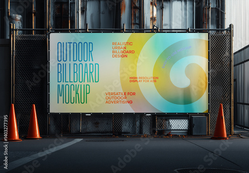 Industrial Outdoor Billboard Mockup – Realistic Urban Banner Display with Chain Link Fence and Metal Background for Street-Level Advertising and Branding