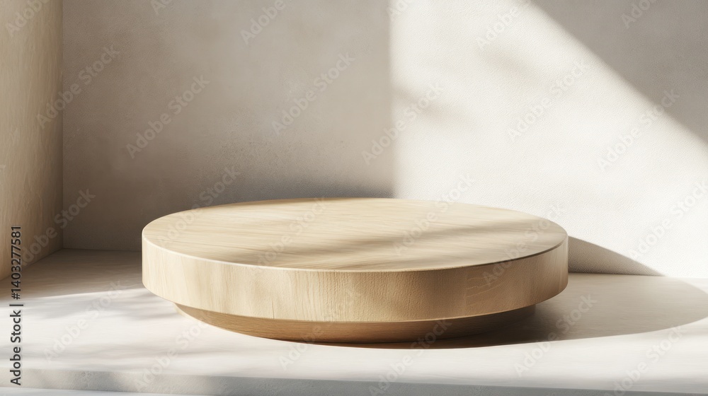 Wooden display platform, sunlit, minimalist room, product showcase Wooden display platform, sunlit, minimalist room, product showcase
