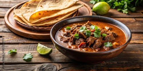 beef birria served with warm flour tortillas on a rustic wooden table , table setting, birria, table setting,birria