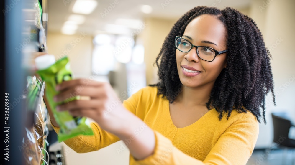 A joyful woman in a yellow sweater retrieves a snack from a vending machine, embodying convenience and modernity in a bright, inviting setting. A joyful woman in a yellow sweater retrieves a snack from a vending machine, embodying convenience and modernity in a bright, inviting setting.