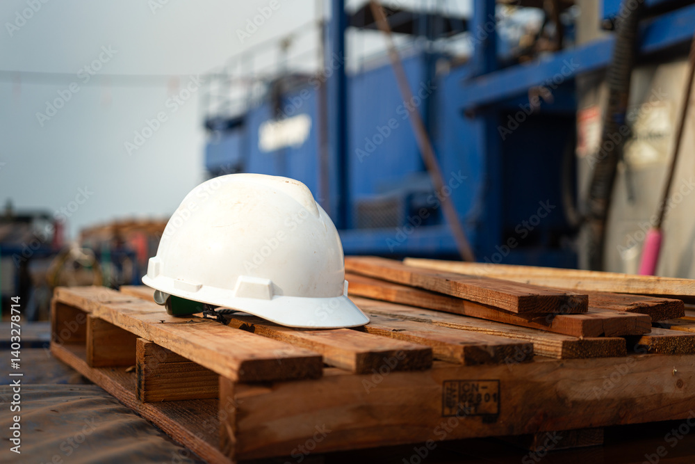 A white safety helmet or protective hardhat is placed at the construction site. Industrial safety PPE object, ready to working at unsafe workplace concept. Close-up. A white safety helmet or protective hardhat is placed at the construction site. Industrial safety PPE object, ready to working at unsafe workplace concept. Close-up.