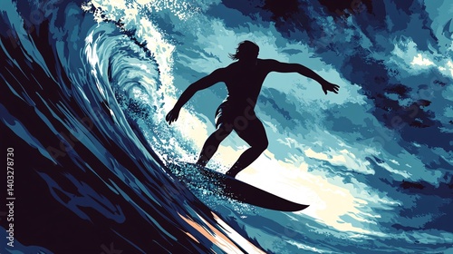Surfer riding ocean wave, dramatic sky, sunset, action sports poster