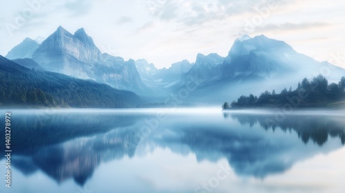 Mountain landscape reflecting in calm lake during early morning mist