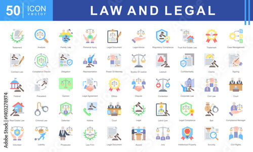 Law and Legal icon set featuring icons for contracts, legal compliance, court proceedings, and professional representation. Ideal for legal services, law firms, and justice-related projects.