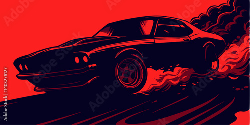 Classic Muscle Car Speeding, Red Background