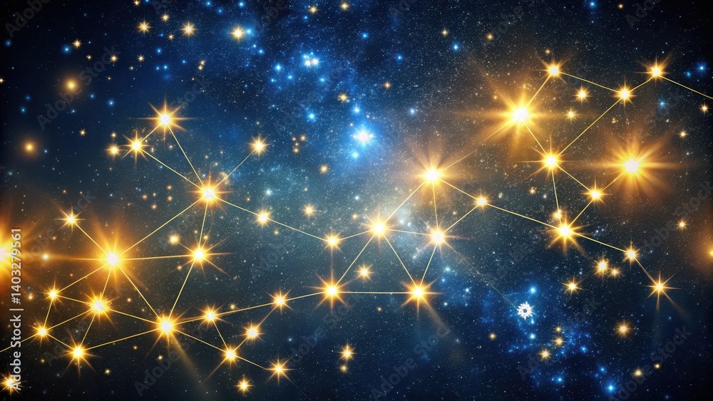 Fototapeta premium Glowing constellation against dark blue sky with twinkling stars on golden background, glitter, night sky, glitter