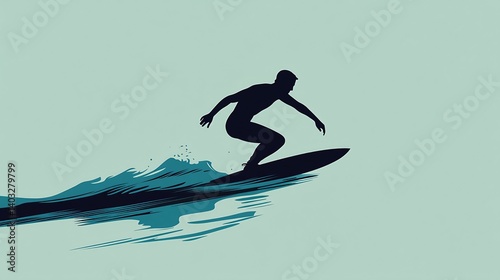 Surfer silhouette riding ocean wave, calm background, sport graphic