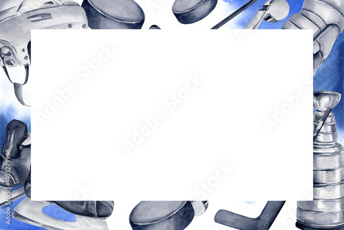 white frame of ice sport theme, watercolor skates, helmet, stick, puck gloves, referee's whistle, hockey cup on watercolor blue splash, hand drawn sketch, illustration of hockey equipment, template