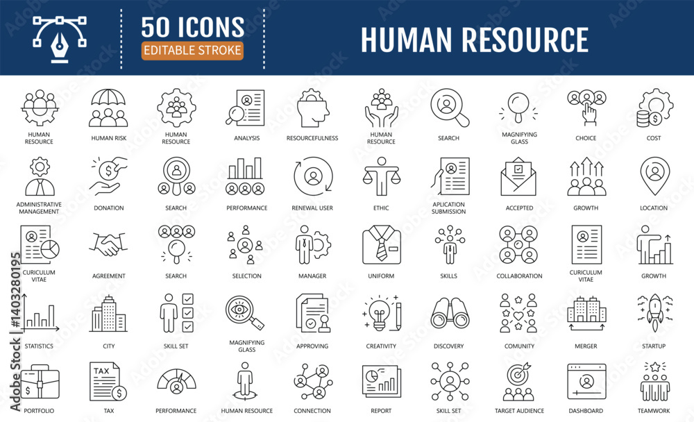 Fototapeta premium Human Resources icon set. Containing HR, Human Resources, Recruitment, Employment, business, office, company, management. Vector Illustration