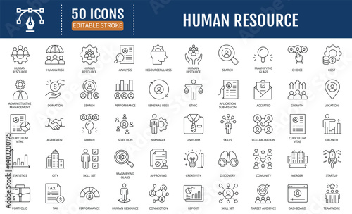 Human Resources line editable icon set. Containing HR, Human Resources, Recruitment, Employment, business, office, company, management. Vector Illustration