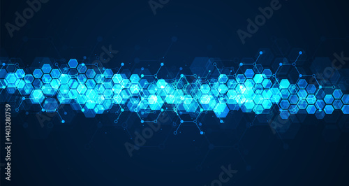 Hexagons pattern on blue background. Genetic research, molecular structure. Chemical engineering. Concept of innovation technology. Used for design healthcare, science and medicine background