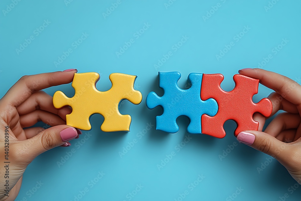 Caucasian Hands Connect Colorful Jigsaw Puzzle Pieces on Light Blue Background Detail Caucasian Hands Connect Colorful Jigsaw Puzzle Pieces on Light Blue Background Detail