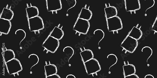 chalk bitcoin question pattern seamless vector design with crypto currency symbol and query sign on blackboard. hand-drawn financial background
