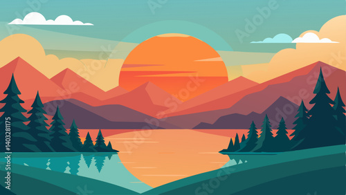 Tranquil Nature Scene A serene landscape featuring a sunrise over a calm lake surrounded by lush trees and distant mountains symbolizing peace and rejuvenation.