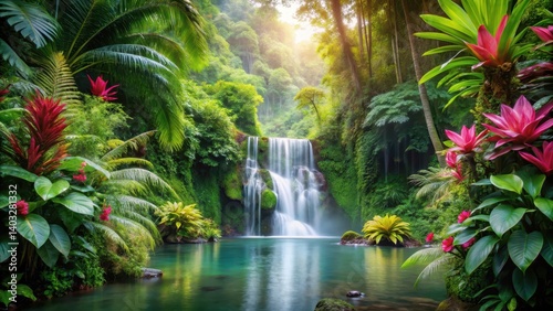 Exotic tropical flowers and foliage surrounding a serene and tranquil waterfallscape in a lush forest setting, greenery