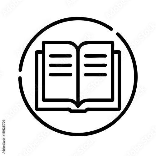 Open book icon in circle, curriculum concept, black and white design, educational resource