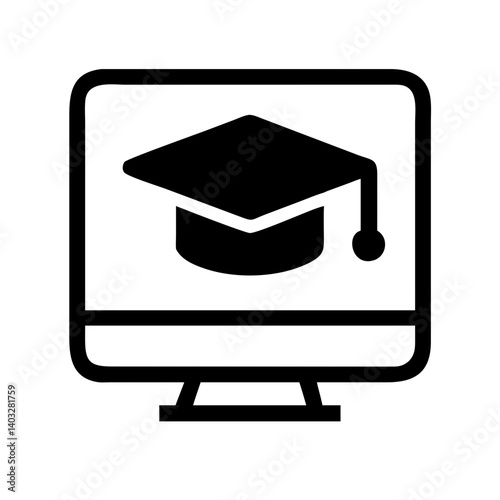 Icon of graduation cap symbol on computer screen, education concept, black and white design, digital learning 