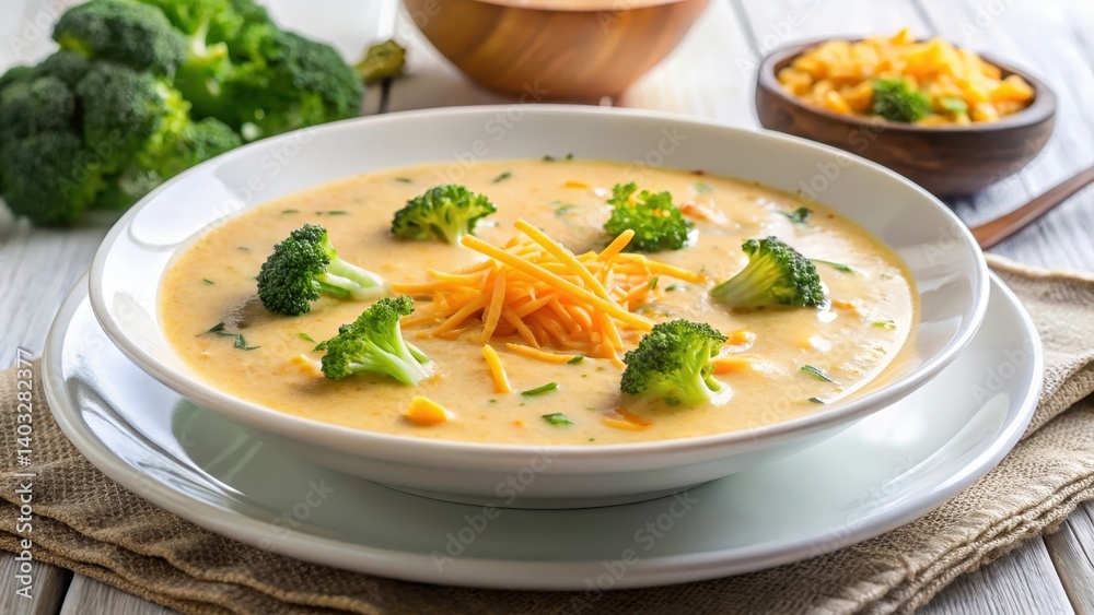 Creamy broccoli cheddar soup with shredded cheddar cheese garnish on a white plate, serving, table, serving, table, nourishing Creamy broccoli cheddar soup with shredded cheddar cheese garnish on a white plate, serving, table, serving, table, nourishing