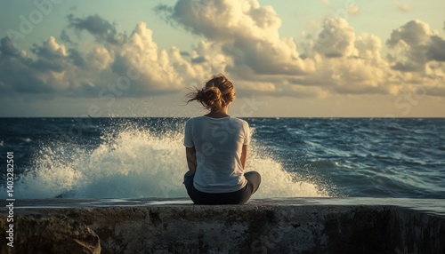 A woman sits on a seawall, contemplating the vast ocean.