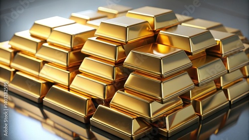 Luxury gold bars stacked on a polished silver mirror, creating a dazzling display of metallic reflections, Sparkle, Wealth