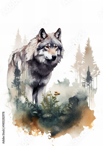 Wolf in nature on white background...