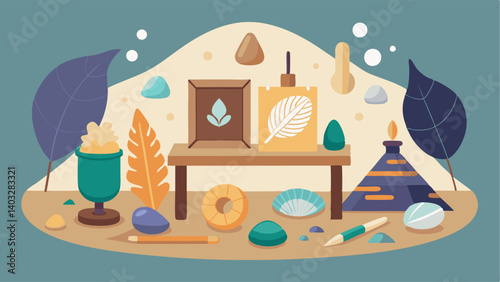 In one corner of the workshop there is a display of different types of natural materials such as shells feathers and stones. Visitors are invited to touch and explore these items